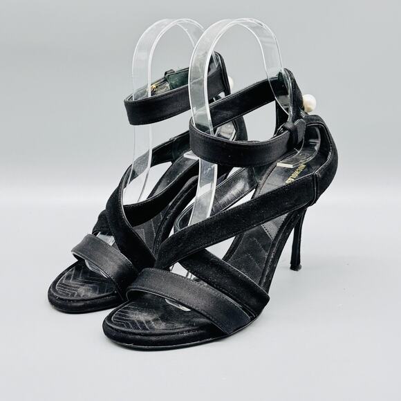 Nicholas Kirkwood Sandals Womens 5.5 Black Suede Heel Ankle Strappy Dress Pearl - Picture 4 of 12